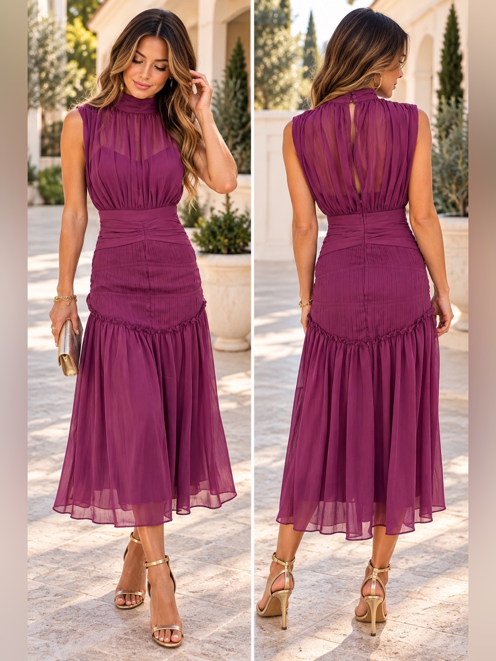 Smoke Purple Ruched High Neck Midi Dress Sheer Ruffle Skirt NWOT Size Small